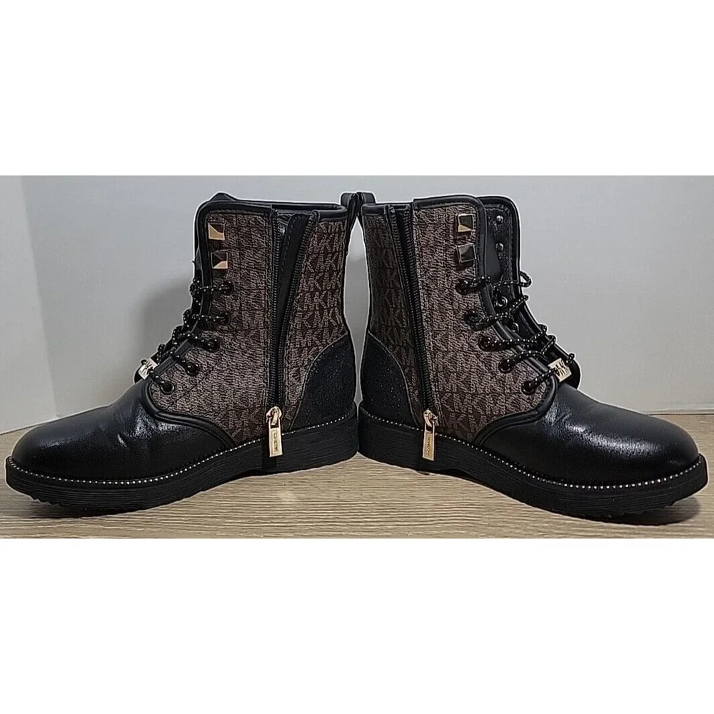 Michael Kors Haskell Black & Brown Logo Combat Boots Y Sz‎ 2